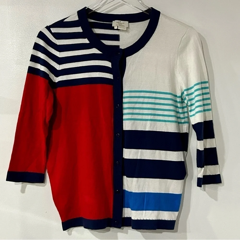Kate Spade Ollie Stripe Cotton‎ Cashmere Cardigan in Multi Monaco Stripe M